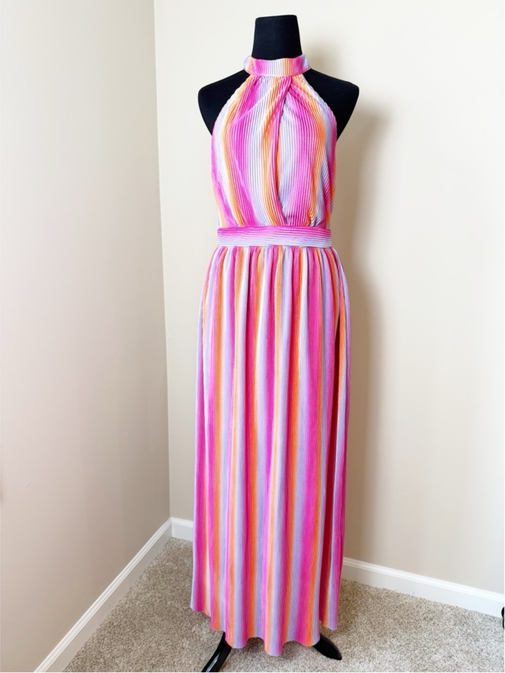 g.p.d. Pink Multicolor Stripe Pleated Halter Maxi Dress | Size M